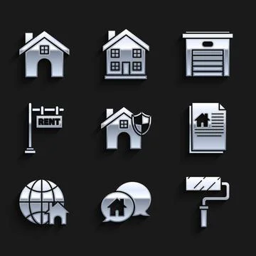 Set House with shield, building in speech bubble, Paint roller brush, contract Ilustración de archivo