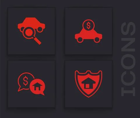 Set House with shield, Car sharing, rental and Price negotiation icon. Vector Stock Illustration