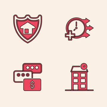 Set House, with shield, Clock and Price negotiation icon. Vector Stock Illustration