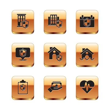 Set House with shield, Document, Stacks paper money cash, Location, Calendar 库存插图