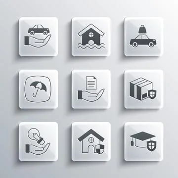 Set House with shield, Graduation cap, Delivery security, Contract in hand,.. Stock Illustration