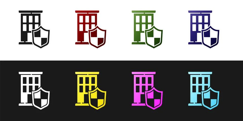 Set House with shield icon isolated on black and white background. Insuranc.. Stock Illustration