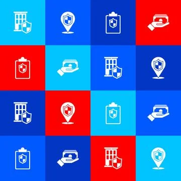 Set House with shield, Location, Document and Stacks paper money cash icon 库存插图