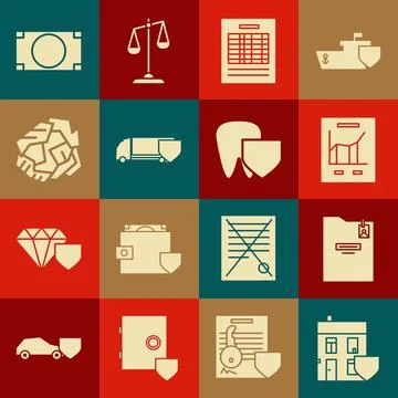 Set House with shield, Personal folder, Document graph chart, Report file イラスト素材