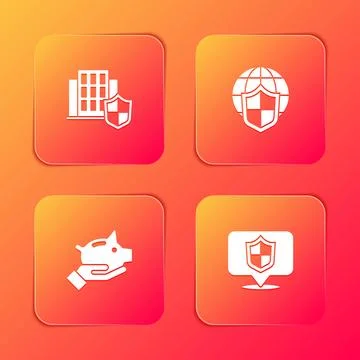 Set House with shield, Shield world globe, Piggy bank and Location icon. Vect Stock Illustration