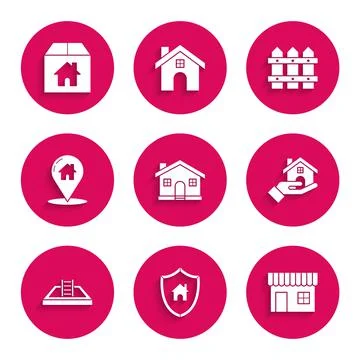 Set House, with shield, Shopping building or market store, Realtor, Swimming Ilustración de archivo