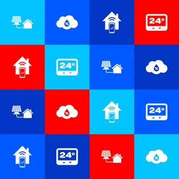 Set House with solar panel, Humidity, Smart home remote control system and Stock Illustration