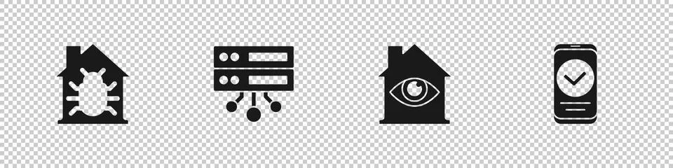 Set House system bug, Server, Data, Web Hosting, with eye scan and Smartphone Illustrazione stock
