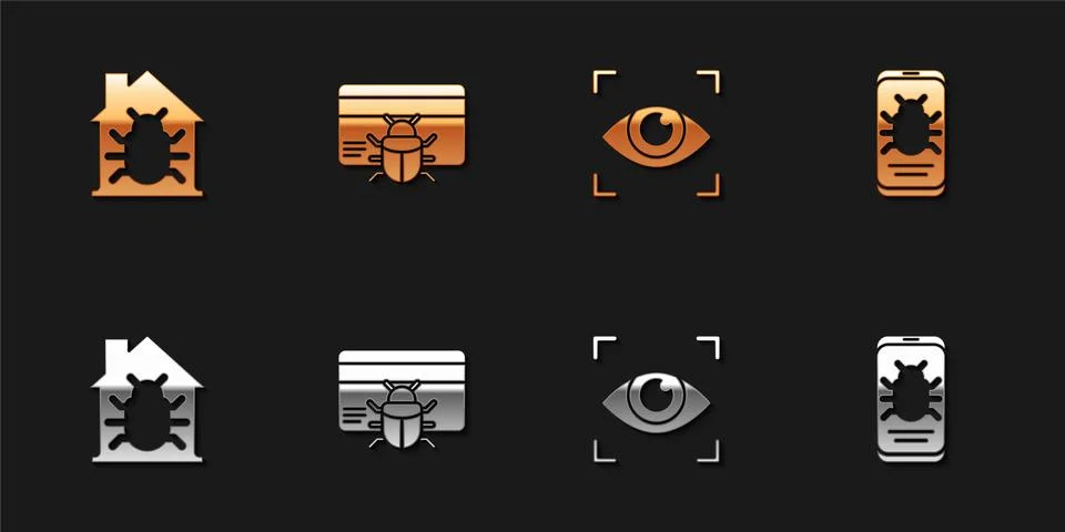 Set House system bug, System in credit card, Eye scan and on mobile icon. Vector Ilustración de archivo