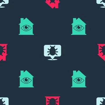 Set House system bug, System and with eye scan on seamless pattern. Vector Illustrazione stock