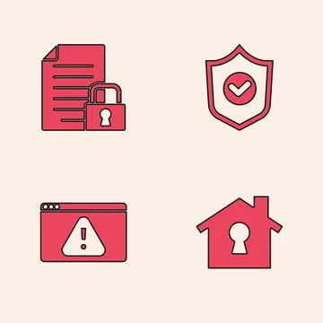 Set House under protection, Document and lock, Shield with check mark and Illustrazione stock
