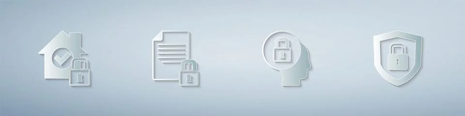Set House under protection, Document and lock, Lock and Shield security with Illustrazione stock