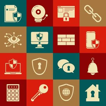 Set House under protection, Ringing bell, Smartphone with security shield Ilustração Stock