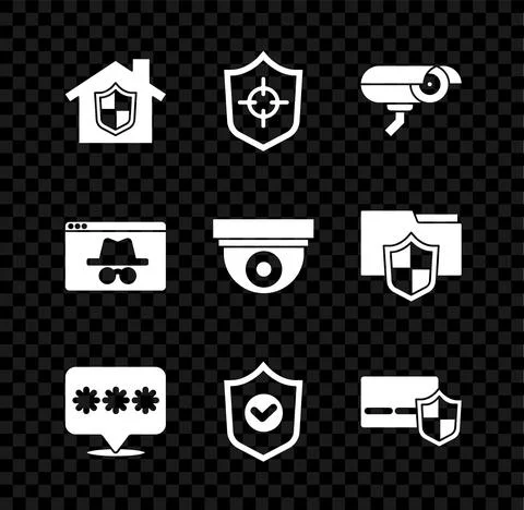 Set House under protection, Shield, Security camera, Password, with check mark 스톡 일러스트