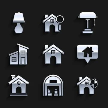 Set House, Warehouse, with shield, Map pointer, Table lamp and  icon. Vector Stock Illustration