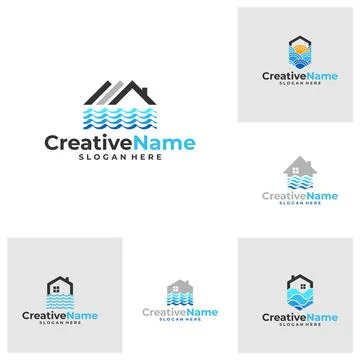 Set of House with waves logo design concept. Beach resort villa logo design.. Ilustração Stock
