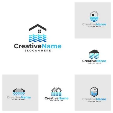 Set of House with waves logo design concept. Beach resort villa logo design.. Stock Illustration