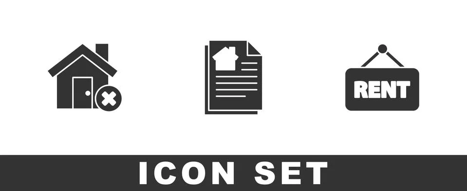 Set House with wrong mark, contract and Hanging sign Rent icon. Vector イラスト素材