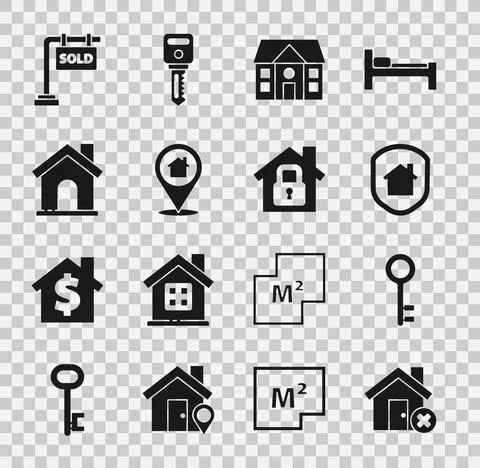 Set House with wrong mark, key, under protection, Location house, Hanging sign Stock Illustration