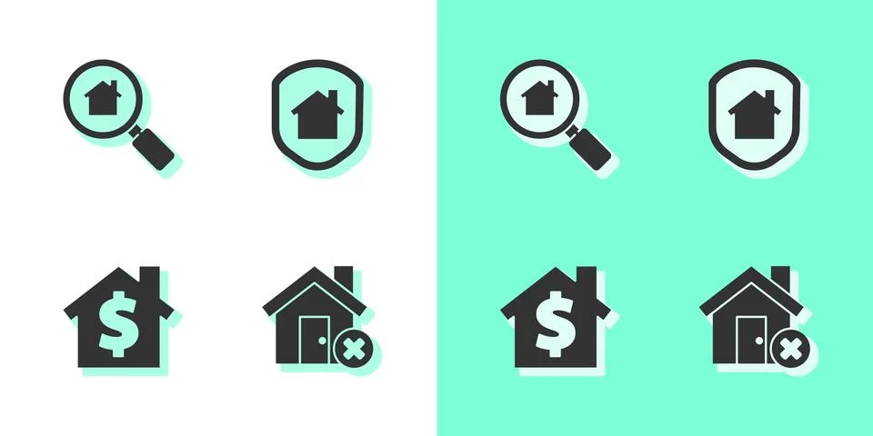 Set House with wrong mark, Search house, dollar symbol and under protection icon Illustrazione stock