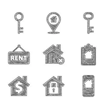 Set House with wrong mark, under protection, Online real estate house, cont.. 库存插图