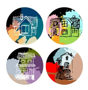 Set of houses in a circle with multi-colored watercolor blots. Stock Illustration