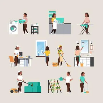 Set housewife doing housework different housecleaning concepts collection Stock Illustration