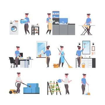 Set housewife doing housework different housecleaning concepts collection female Stock Illustration