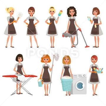 Set of housewives with different equipment. Housekeeper. Cleaning service Stock Illustration
