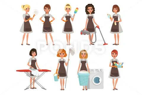 Set of housewives with different equipment. Housekeeper. Cleaning service Stock Illustration