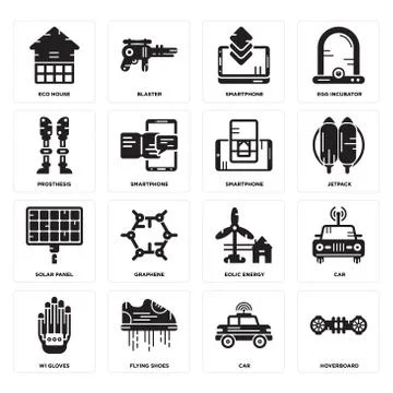 Set of Hoverboard, Car, Wi gloves, Eolic energy, Solar panel, Smartphone, Pro Free Stock Illustration