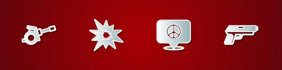 Set Howitzer, Bomb explosion, Location peace and Pistol or gun icon. Vector 스톡 일러스트
