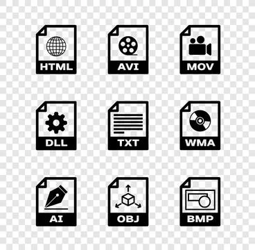 Set HTML file document, AVI, MOV, AI, OBJ and BMP icon. Vector イラスト素材