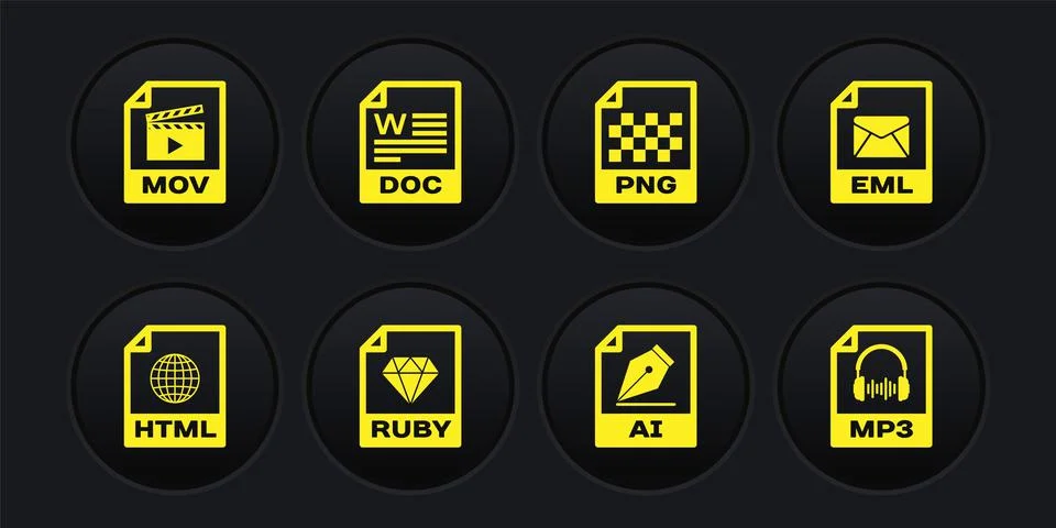 Set HTML file document, EML, RUBY, AI, PNG and DOC icon. Vector Illustrazione stock