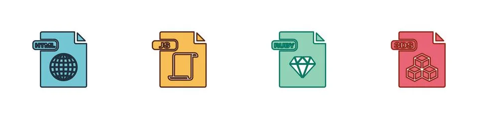 Set HTML file document, JS, RUBY and 3DS icon. Vector Stock Illustration