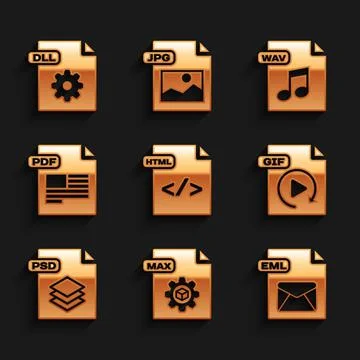 Set HTML file document, MAX, EML, GIF, PSD, PDF, WAV and DLL icon. Vector Illustrazione stock