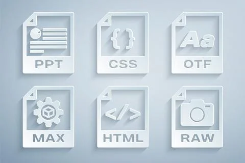 Set HTML file document, OTF, MAX, RAW, CSS and PPT icon. Vector Illustrazione stock