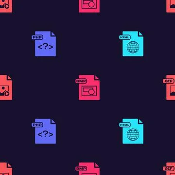 Set HTML file document, PHP, BMP and GIF on seamless pattern. Vector 库存插图