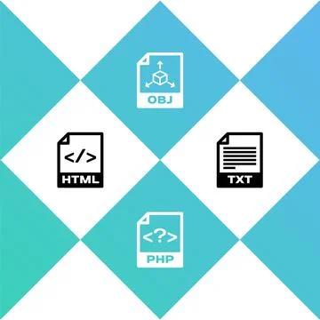 Set HTML file document, PHP, OBJ and TXT icon. Vector 库存插图