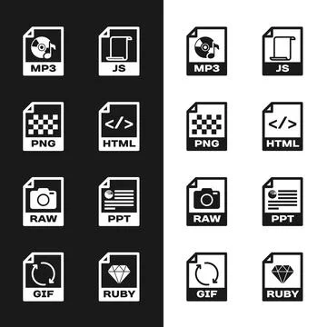 Set HTML file document, PNG, MP3, JS, RAW and PPT icon. Vector Stock Illustration