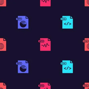 Set HTML file document, PPT, MP3 and on seamless pattern. Vector Stock Illustration