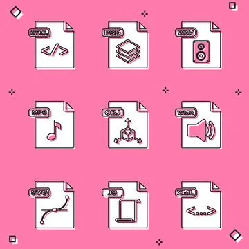 Set HTML file document, PSD, WAV, MP3, OBJ, WMA, SVG and JS icon. Vector Stock Illustration