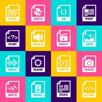 Set HTML file document, RAW, JPG, JS, WMA and PHP icon. Vector 스톡 일러스트