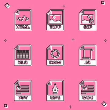 Set HTML file document, TIFF, GIF, XLS, RAW and JS icon. Vector 스톡 일러스트
