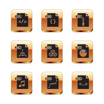 Set HTML file document, WAV, SVG, 3DS, OBJ, ZIP, XML and CSS icon. Vector Stock Illustration