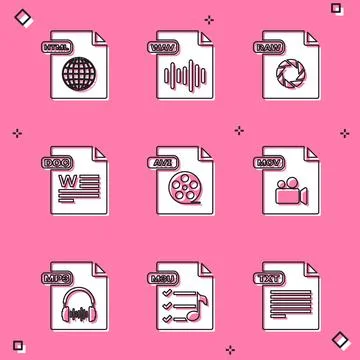 Set HTML file document, WAV, RAW, DOC, AVI, MOV, MP3 and M3U icon. Vector Stock Illustration