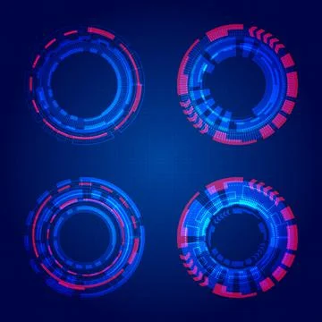 Set of HUD circles technology blue circles elements on dark blue grid backgro 스톡 일러스트