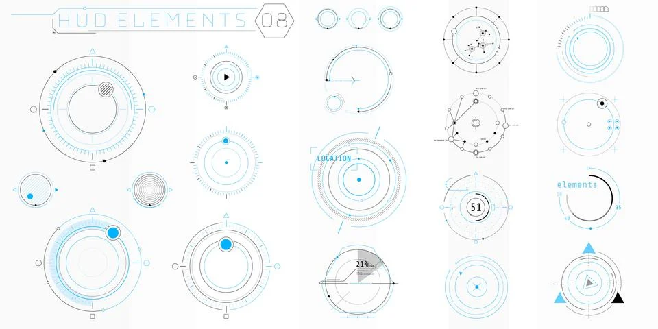 A set of HUD circular elements for a futuristic interface. Illustrazione stock