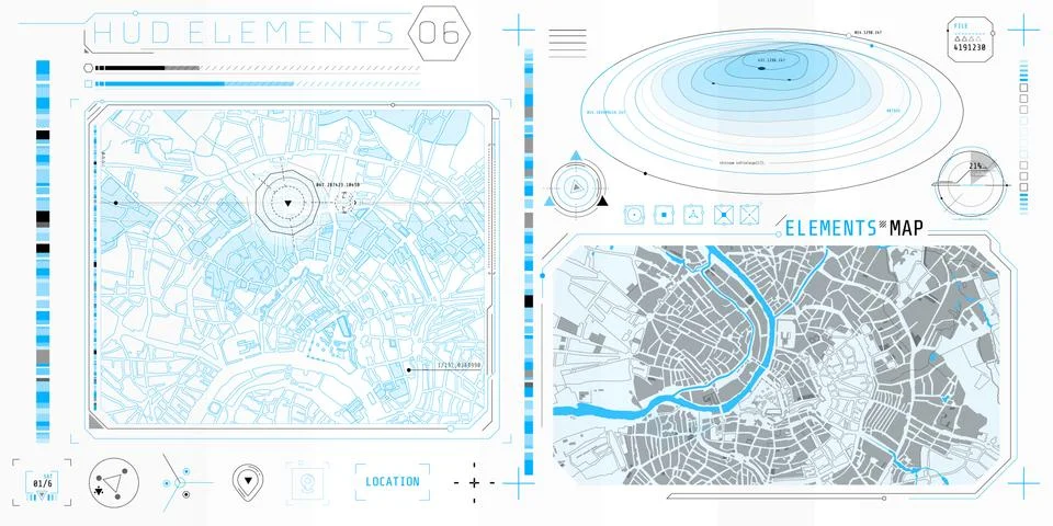 A set of HUD maps elements for a futuristic interface. 库存插图