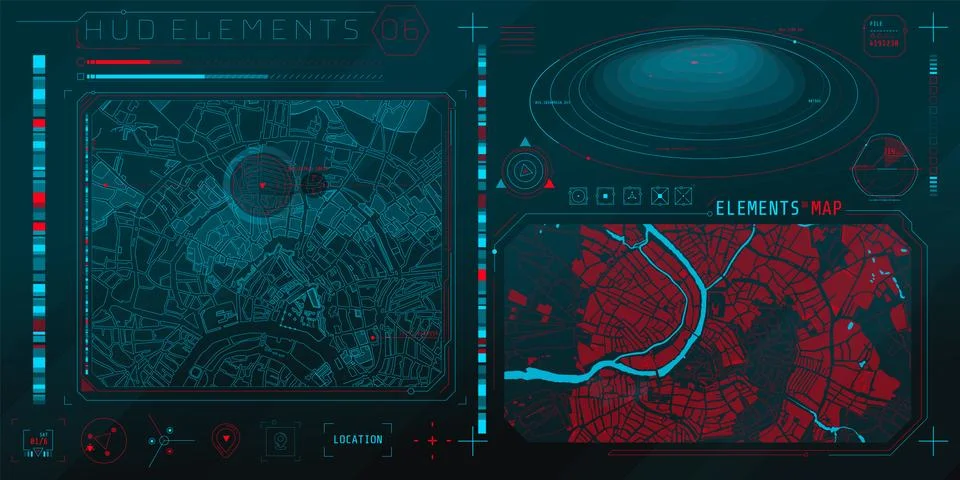 A set of HUD maps elements for a futuristic interface. Illustrazione stock